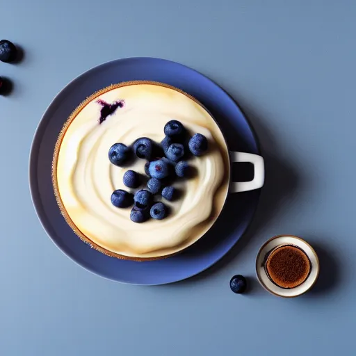 Prompt: blueberry cheesecake with a cup of coffee by it's side, natural lighting, cinema 4d render, Ray traced reflection, 8k