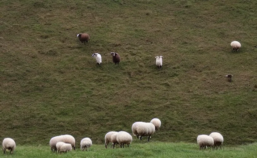 Image similar to “sheep, following other sheep, jumping off a cliff”