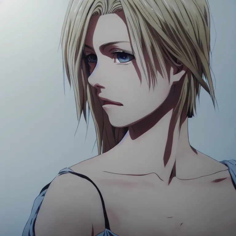 Image similar to picture of beautiful annie leonhart, anime screenshot, hyper realistic, pale skin, 4 k, rule of thirds, extreme detail, detailed drawing, trending artstation, hd, fantasy, realistic lighting, sharp focus, backlit