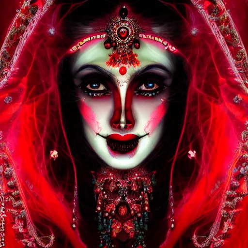 Image similar to beautiful Hindu lady of the dark with veil, in darkness, cover with a lot of red water, horror terrifying, surreal realistic, photorealistic, hyper details, full HD, 8k!