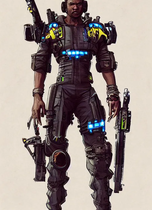 Image similar to chidi igwe. cyberpunk mercenary in tactical harness and jumpsuit. dystopian. portrait by stonehouse and mœbius and will eisner and gil elvgren and pixar. realistic proportions. cyberpunk 2 0 7 7, apex, blade runner 2 0 4 9 concept art. cel shading. attractive face. thick lines.