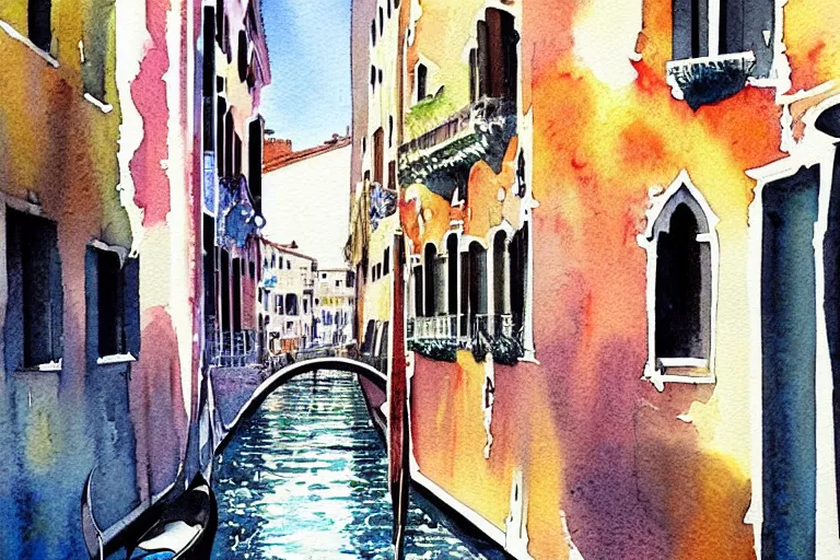 Image similar to !! watercolor!! venice in a sunny day, artwork by tooth wu, colorful contrast,!! very coherent!!, dark shadow, thick lineart