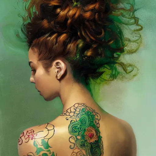 Image similar to an epic painting of a 1 9 years old girl figure, curly messy high bun hairstyle, oriental tattoos, subject wearing a gold and ruby high fashion gown, flowing, ornate, beautiful, muted tonal colors, with few vivid green highlights, by jeremy mann and greg rutkowski, artstation, oil on canvas