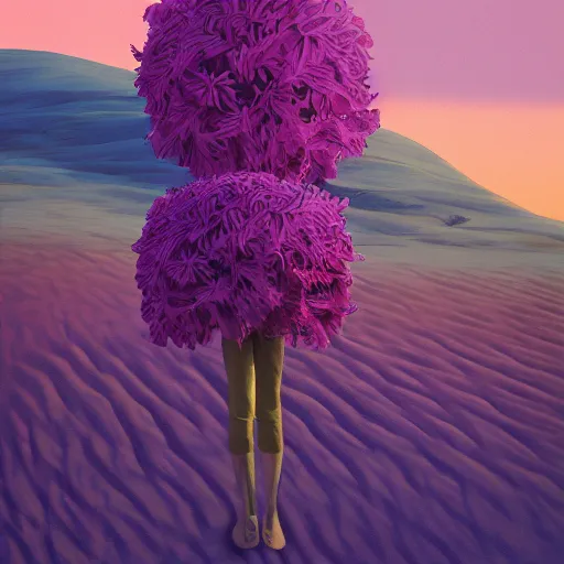 Image similar to portrait, giant purple dahlia flower head, woman between dunes, surreal photography, sunrise, blue sky, dramatic light, impressionist painting, digital painting, artstation, simon stalenhag