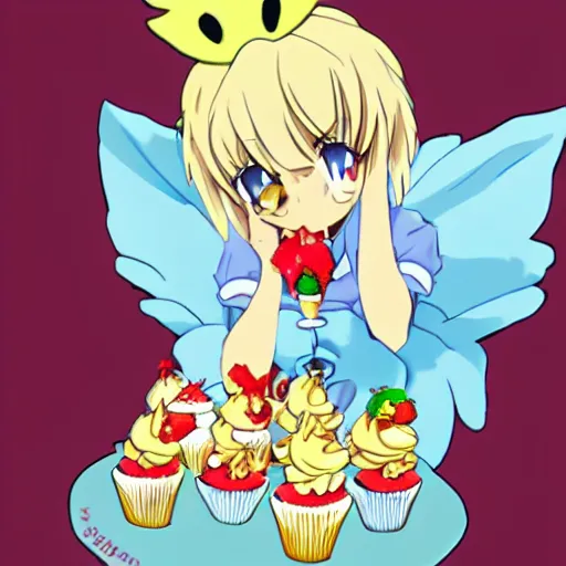 Image similar to flandre eating cupcakes. anime style.