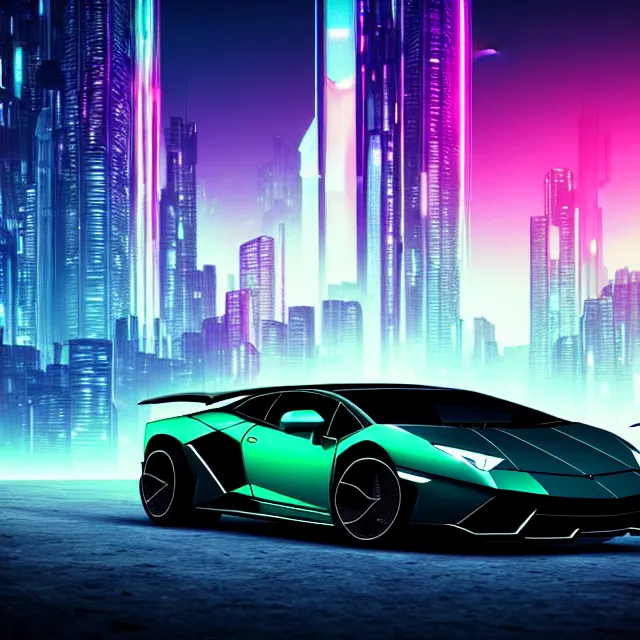 Prompt: epic digital art of photorealistic synthwave lamborghini driving through futuristic dark cyberpunk city towers with neon edges, faint tall mountains in background, wlop, pixiv,
