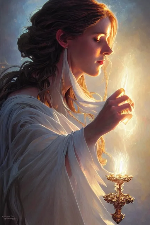 Image similar to white witch crafting magic spells, side view, crafting spells, bright witch, fantasy, chaos, magic, dark magic, dramatic lighting, intricate, wild, highly detailed, digital painting, artstation, concept art, smooth, sharp focus, illustration, art by artgerm and greg rutkowski and alphonse mucha