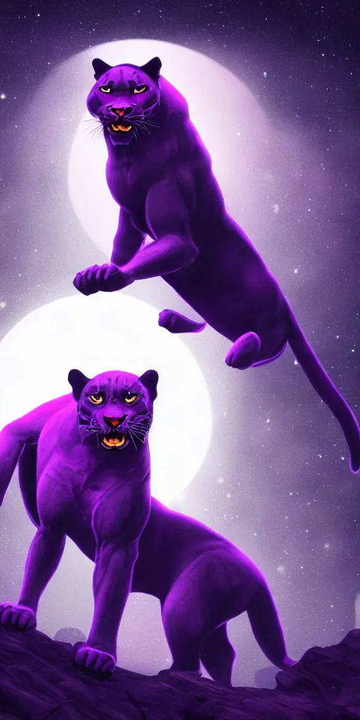 Image similar to high quality render of a purple colored panther roaring at night. large moon in the center of the background. digital drawing, illustration, 4 k, render, matte, highly detailed, artstation, realistic, dramatic, darkness, moon.