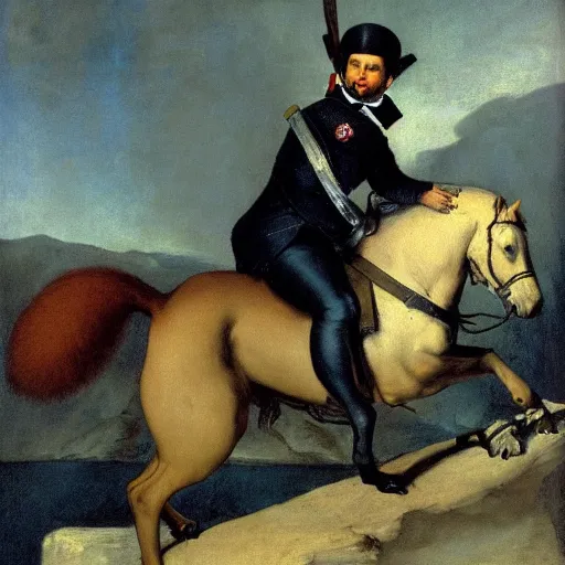 Image similar to a giant squirrel carrying napoleon bonaparte, courbet