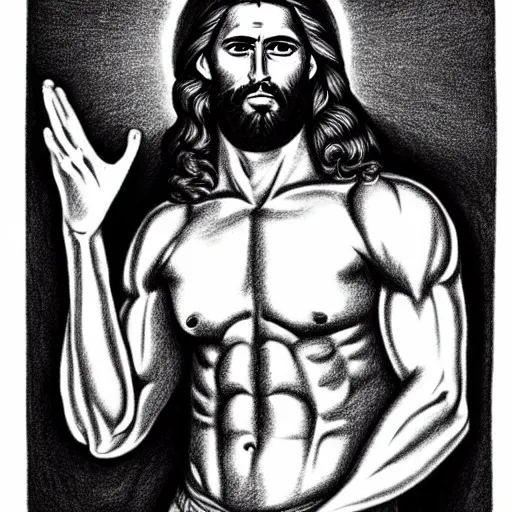 Image similar to gigachad benediction, gigachad jesus, muscles, pointing to heaven, pencil art, holy iconography