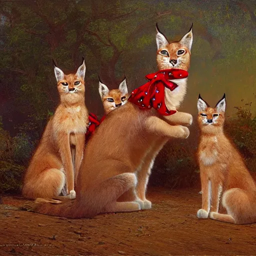 Image similar to three cute caracals wearing red bows and ties with guitar, campfire, night, atmospheric lighting, intricate, volumetric lighting, digital art, highly detailed by gaston bussiere, craig mullins, j. c. leyendecker 8 k