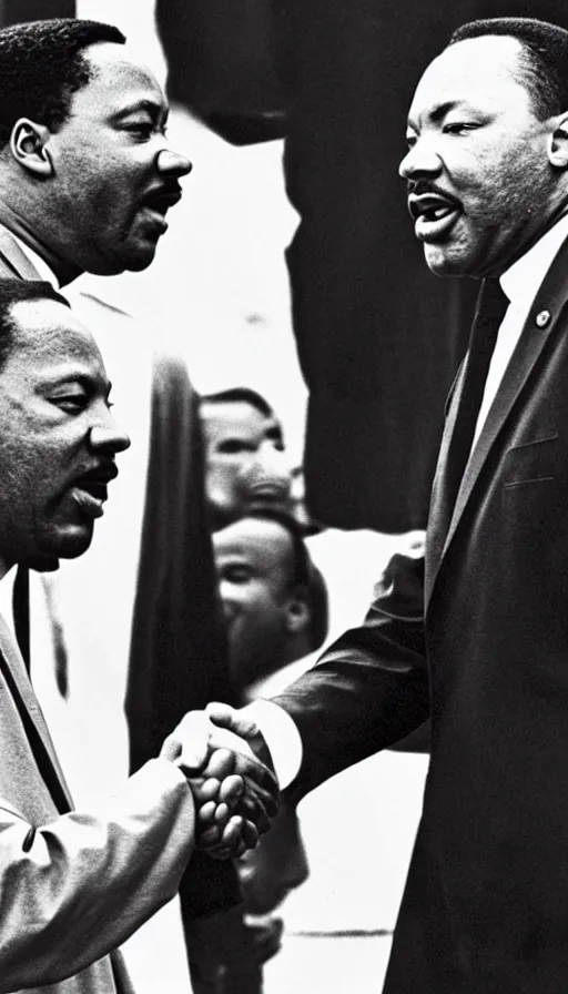Image similar to black jesus shaking hands with martin luther king, photorealistic