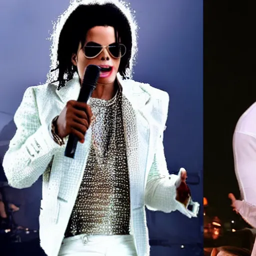 Prompt: michael jackson and kanye west singing together