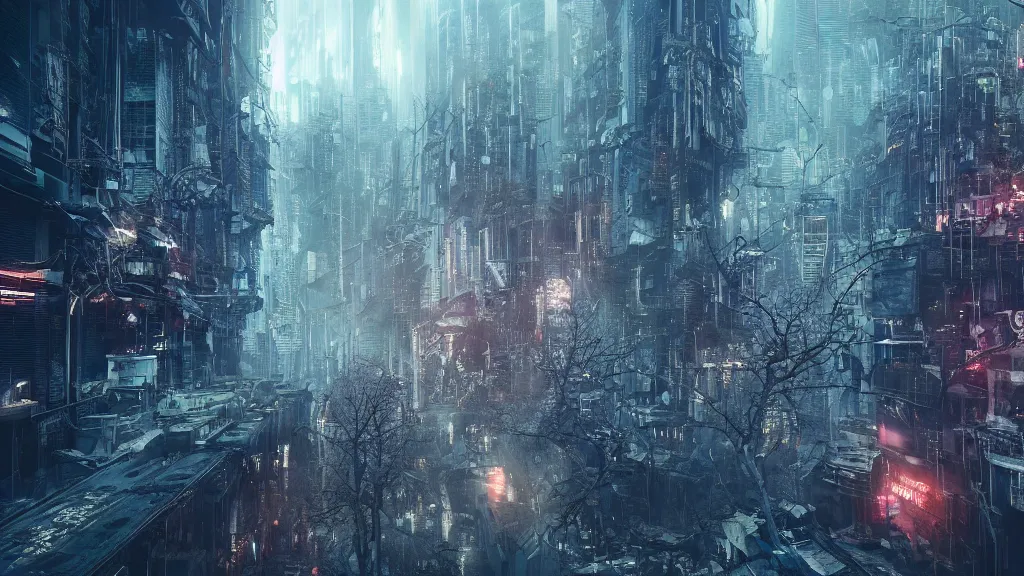 Image similar to a terrifying tree destroying a dystopian city, cyberpunk, sharp focus, dynamic lights, still, photograph, hyper realistic, masterpiece, octane render, rendered, 3 d, cinematic, cinematic lighting, dramatic lighting, highly detailed, intricate details, texture, cinematic composition, wide shot, by donglu yu and kevin jick and eddie del rio