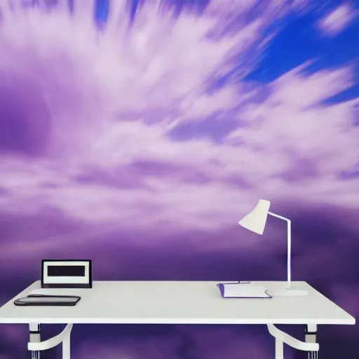 Image similar to realistic panting of a desk on a purple field blue clouds