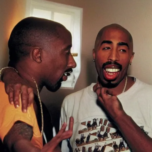 Prompt: 2 pac singing a 2 0 0 0's rock song to a white guy in his house.