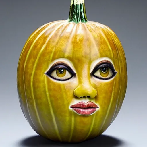 Image similar to a gourd shaped to look like the face of amber heard intercross hybrid mix