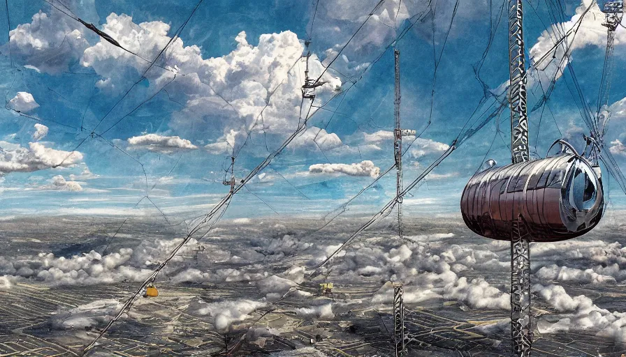 Prompt: an inflated stainless steel chrome gondola in the clouds, people are hanging by steel cables. Intricate technical drawing. Mammatus clouds. Oil rig, solarpunk