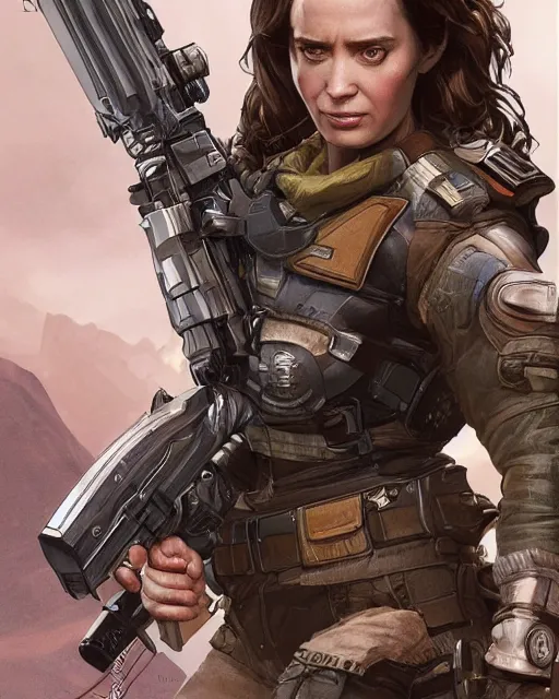 Prompt: Emily Blunt as an Apex Legends character digital illustration portrait design by, Mark Brooks and Brad Kunkle detailed, gorgeous lighting, wide angle action dynamic portrait