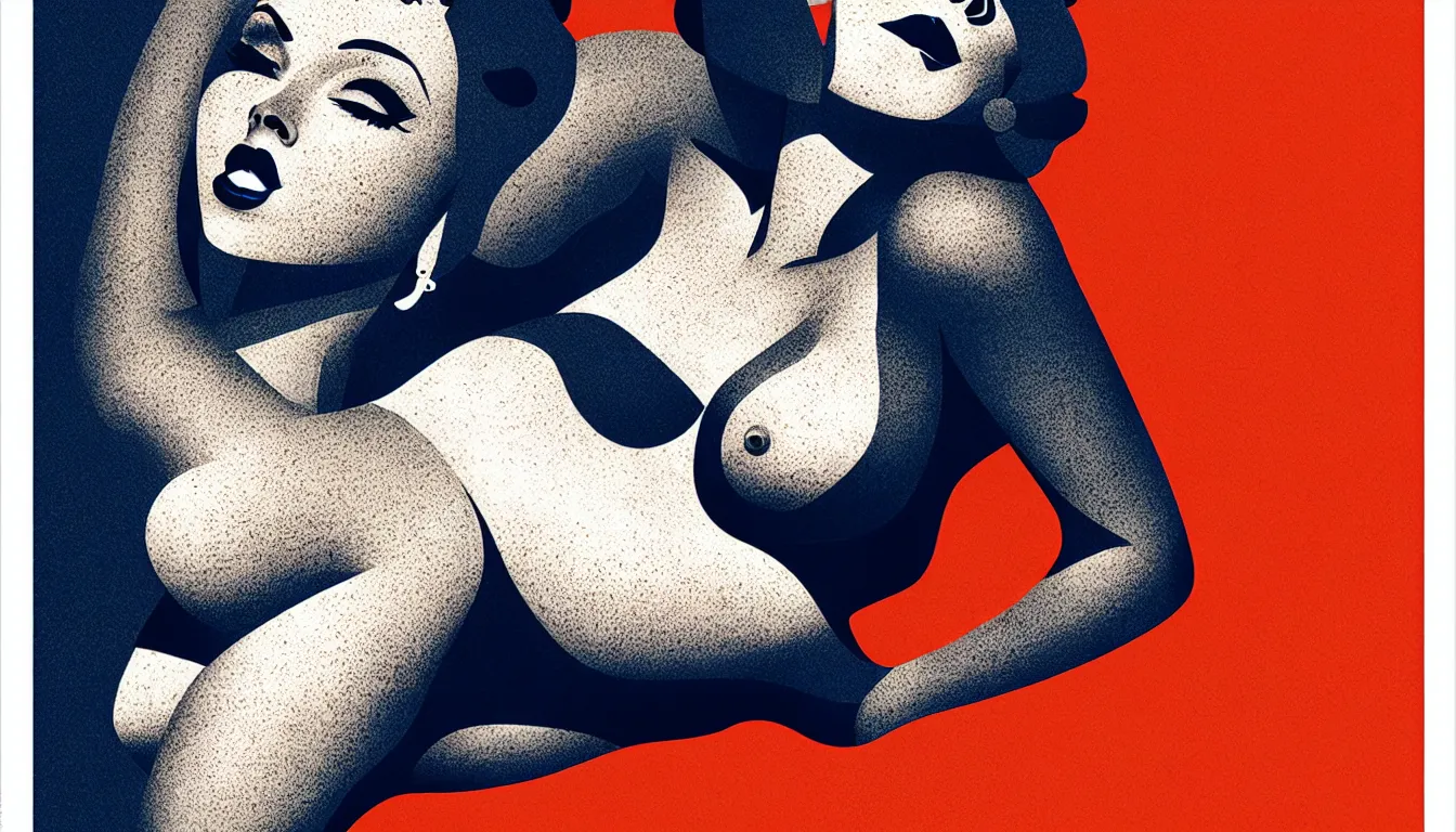 Image similar to pinup woman by the pool by mads berg, karolis strautniekas, film noir, stippled light, dramatic lighting, editorial illustration, detailed, fine texture, matte print, art deco, brutalism, dark blue + dark orange, red, black, ( ( habitat 6 7 background ) )