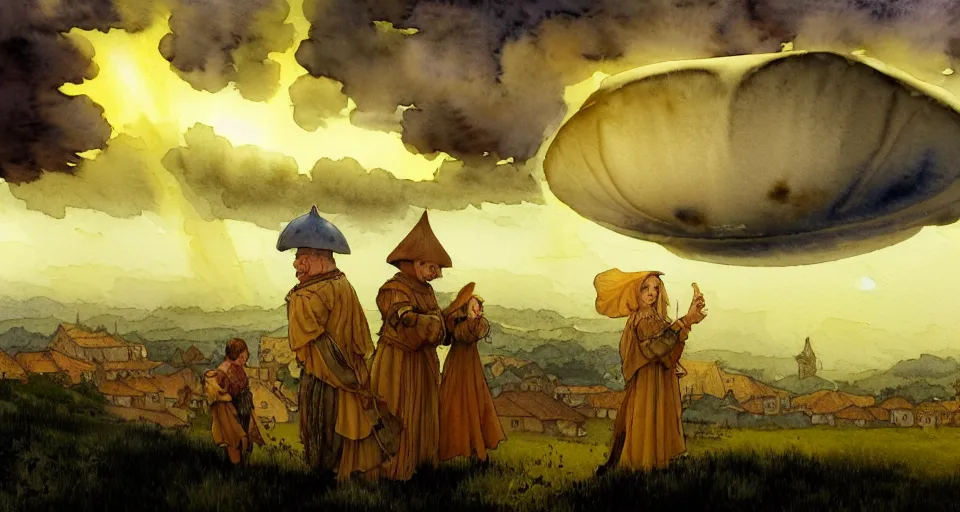 Prompt: a hyperrealist watercolor concept art of an elegant golden ufo in the sky above a small medieval town during a thunderstorm. one dirty medieval peasant child is in the foreground pointing up at the sky. very muted colors, by rebecca guay, michael kaluta, charles vess. high detail, hq, wide shot, 4 k