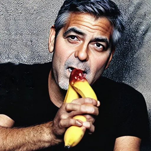 Prompt: george clooney eating a banana, hyper realistic press photo