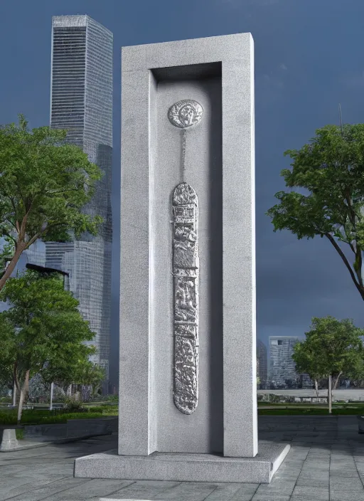 Prompt: highly detailed realistic architecture 3 d render of a futurisctic stele made from silver coins standing in a city park, archdaily, made in unreal engine 4 octane render