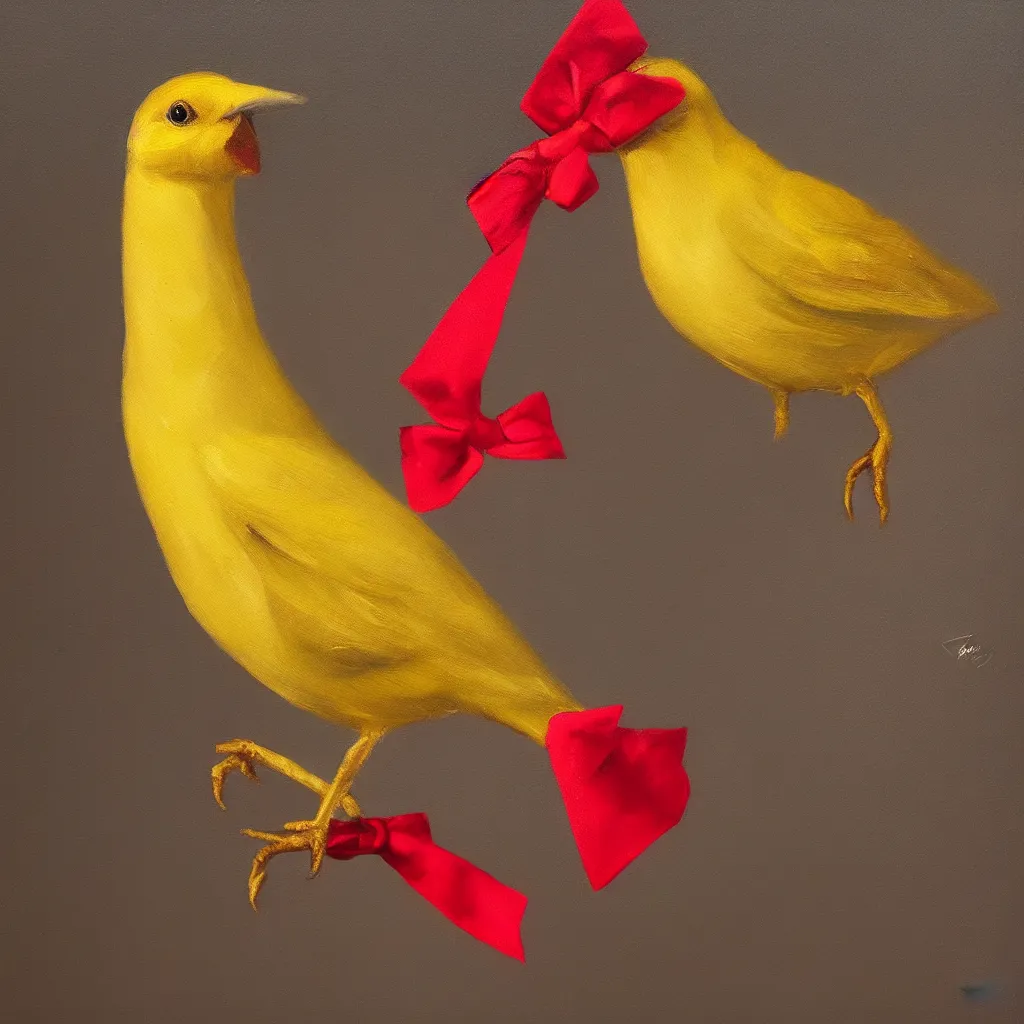 Image similar to A beautiful and elegant oil painting of a yellow bird wearing a crown and a red bow tie, 50mm lens, studio lighting, oil painting, matte, close up, 4k, by Sandro Boticceli