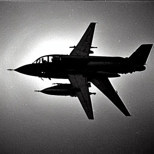 Image similar to grainy image of polygonal ufo reflected in still water as raf harrier jet flies overhead in distance, black and white, photography, 1 9 8 0 s chemical film