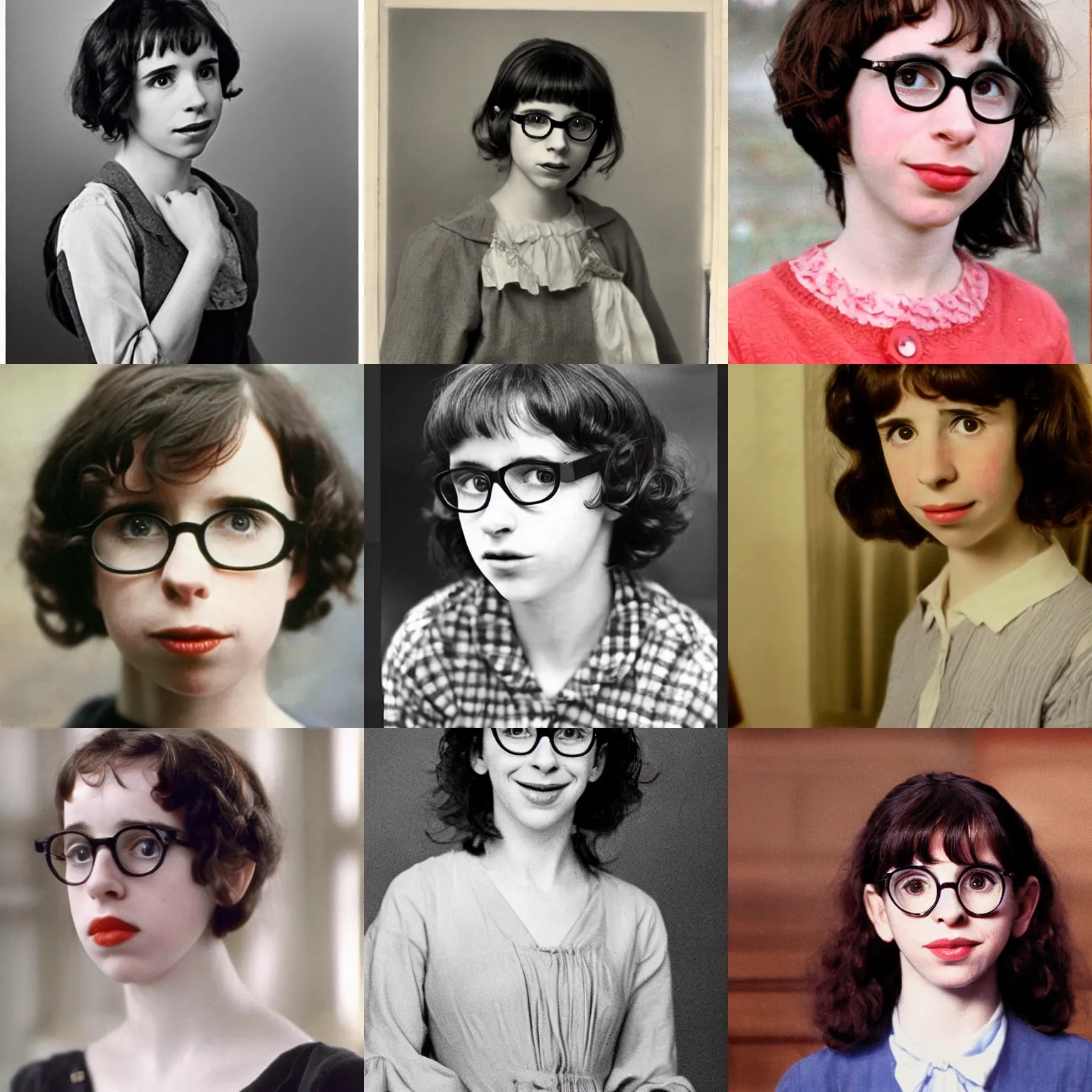 Prompt: young beautiful sally hawkins look - alike with round big glasses, shagged short asymmetral black hair, in the style of gustave coubert