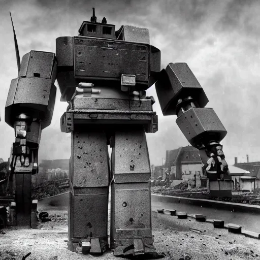 Prompt: giant robot in world war 1 black and white historical photo photoreallistic 4k