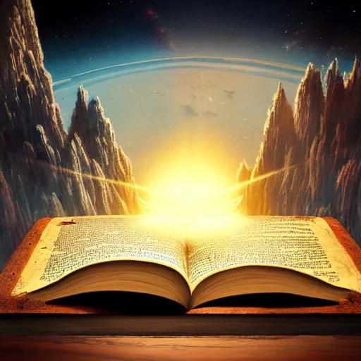 Prompt: long shot of an ancient book on a vintage table in space, concept art, sci - fi illustration, painting, realistic, global illumination, radiant light, detailed and intricate environment, 8 k, h 6 4 0