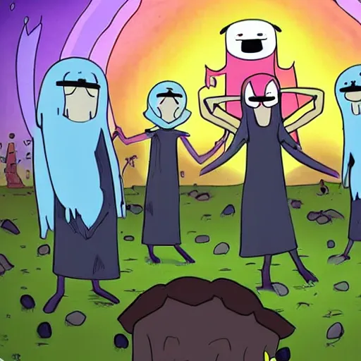 Image similar to a group of lovecraftian cultists in a circle performing a ritual in the style of adventure time