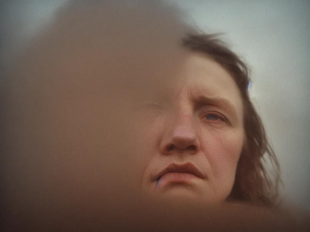 Image similar to close up portrait bust of woman, tired expression, faded color film, russian cinema, tarkovsky, technicolor, heavy forest, wood cabin in distance, shallow depth of field, long brown hair, old clothing, heavy fog, atmospheric haze, brown color palette, sunset, low light, hudson river school, 4 k, dramatic lighting