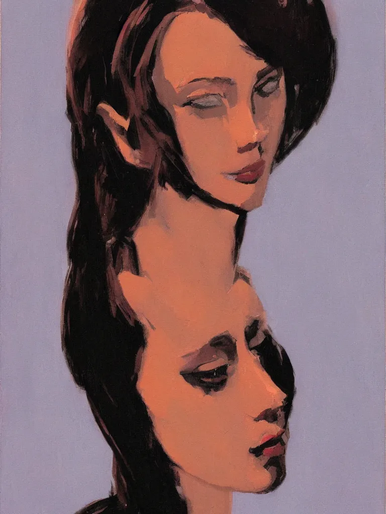 Image similar to portrait profile of one mysterious dark beautiful women in 1 9 7 8, femme fatale, oil painting by john watkiss