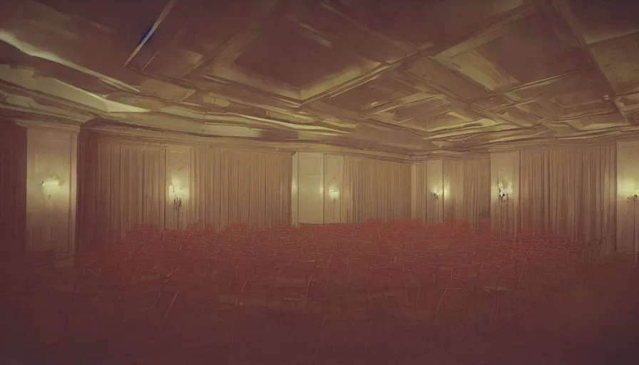 Prompt: 70s movie still of a ballroom with ceiling made of stairs , cinestill 800t Technicolor, heavy grain, high quality, criterion collection, liminal space style