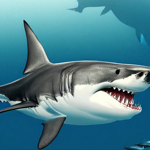 Image similar to great white shark eating pickles. hyperdetailed photorealism