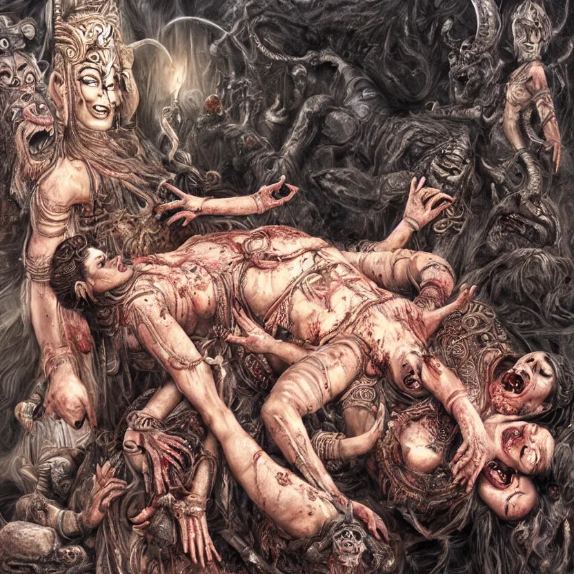 Image similar to portrait of kali with her tongue sticking out standing over the corpse of shiva, digital art, hyperrealistic nightmare scene, supernatural, highly detailed, creepy, terrifying