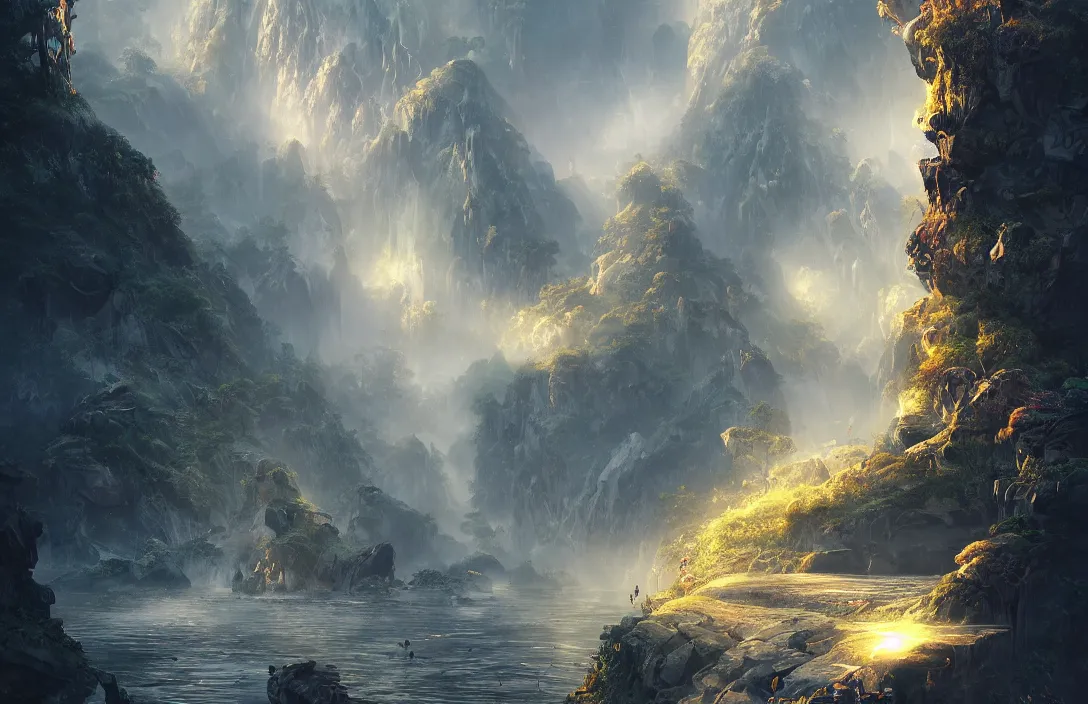 Prompt: a huge arc far away in the style of stephan martiniere, detailed dreamscape, hyperreal phantastic, intricate details in environment, golden ratio, high aestehtic, waterfalls and lakes, cinematic light dramatic light, lightrays, flying birds in distance, trending on artstation