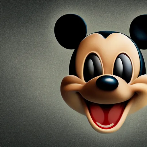 Image similar to 1 9 5 0 wartime mickey mouse head, automotive, fractal, leathery, wet, broken, melting, rococo, mycelium, baroque, sumerian, radiant alien, magic kingdom, octane render, high detail