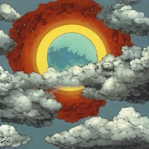 Prompt: atomic nucleus surrounded by clouds, energetic hope, studio ghibli