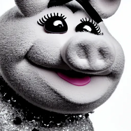 Prompt: professional black and white glamour shot photography of miss piggy, stunning, 4 k