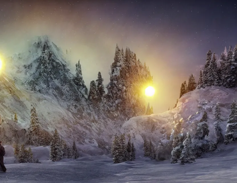 Image similar to fully photorealistic hdr eclipse at sunrise on snowy aurora dramatic mountaintop, distant glowing figures, masterpiece composition, art by john collier, albert aublet, artem demura, alphonse mucha, sharper luminescent focus, nd 6, hdr, movie still, cinematic diffuse lighting, artstation, textless, sharp focus