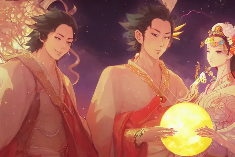 Image similar to close up moment of a divine a japan sun god and a moon goddess lovers magician at a wedding banquet, highly detailed, d & d, fantasy, 4 k realistic, digital painting, trending on artstation, concept art, sharp focus, illustration, art by makoto shinkai and akihiko yoshida and daniel gerhartz