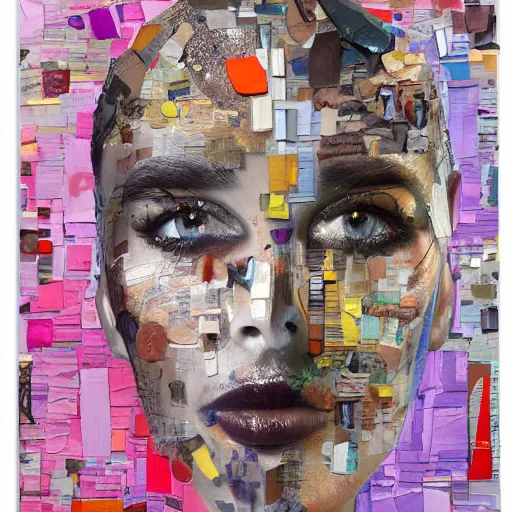 Image similar to a painting made out of Fragments of images taken from online sources, fashion magazines, and family photographs, they all come together to form hybrid faces and figures in the Dadaesque style but with a realist twist, evoking the intimacy and intensity of a face-to-face encounter, contemporary art, mixed media