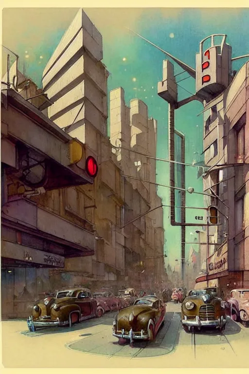 Image similar to ( ( ( ( ( taliesin up view 1 9 5 0 s retro future art deco city street design. muted colors. ) ) ) ) ) by jean - baptiste monge!!!!!!!!!!!!!!!!!!!!!!!!!!!!!!