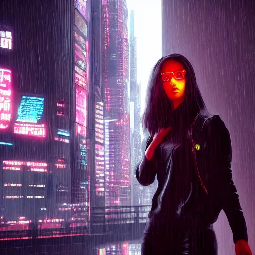 Prompt: girl standing, cyberpunk city, rainy, trending on artstation, 4k, digital art