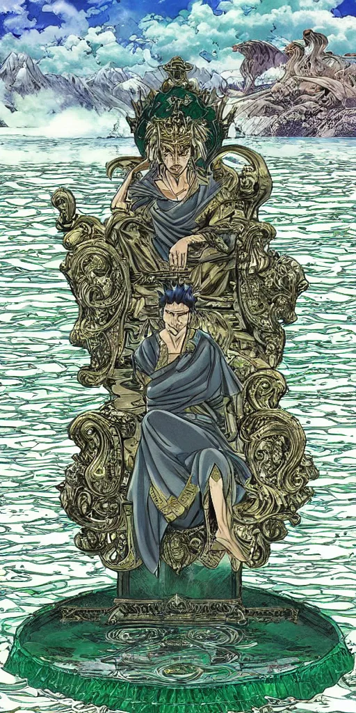 Image similar to a lone emperor sitting on a emerald throne floating on water in the middle of a lake drawn by Makoto Yukimura in the style of Vinland saga anime, full color, detailed, psychedelic, Authority