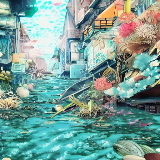 Image similar to painted anime background of a flooded underwater slums shopping district located by a waterfall and built from various sea shells and corals and being reclaimed by nature, seaweed, light diffraction, litter, steampunk, cyberpunk, cool colors, caustics, anime, vhs distortion, shot underwater looking up, inspired by splatoon by nintendo, art created by miyazaki