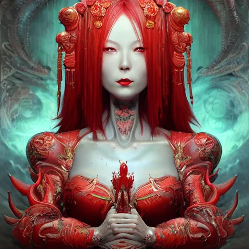 Image similar to The red alien lady, intricated traditional Chinese textures, rococo decorations, hyper detail, Unreal engine,Octane render, by Karol Bak